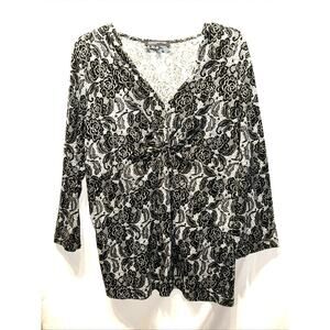 Jones New York Signature Women’s XL Babydoll Blouse Black Lace Print On Cotton